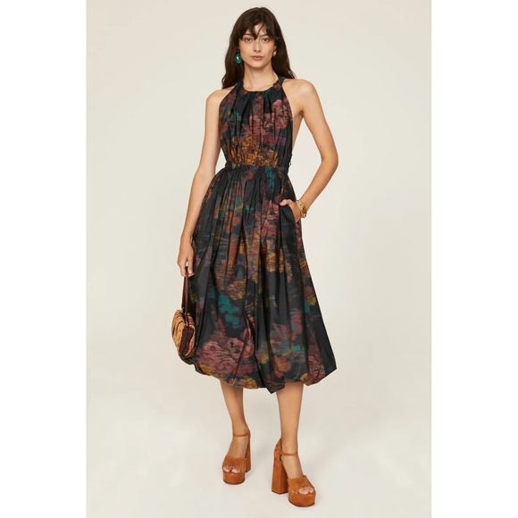 Ulla Johnson Leyna Gathered Printed Taffeta Midi Dress Floral Open Back Size 2 - Picture 3 of 15